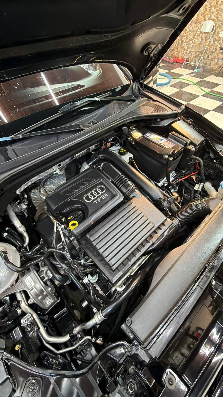 Compartimento do motor de um Audi após higienização técnica